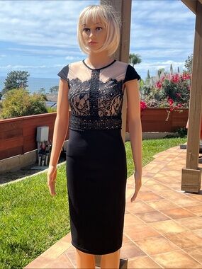 Black Lace Midi Dress with Sheer Illusion Bodice